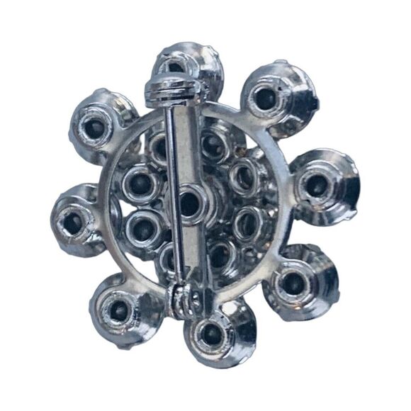 Vintage Silver Tone Flower Brooch Pin 1" Layered Snowflake Icy Rhinestone - Picture 7 of 7